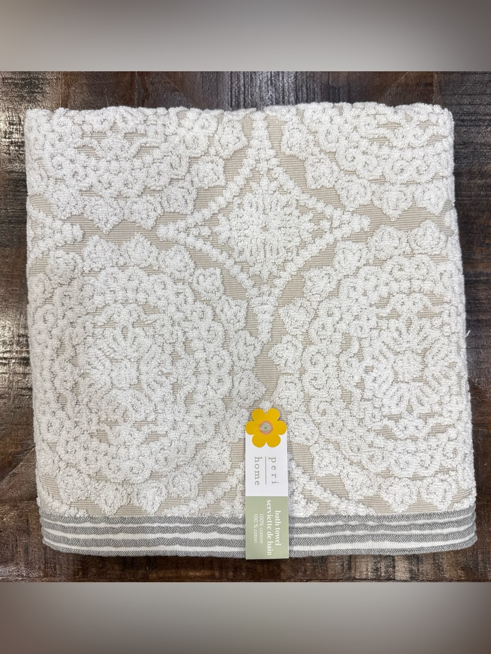 Peri Home Brenna Medallion White Grey Linen Color Bath Towel 28x54” Cotton NWT
